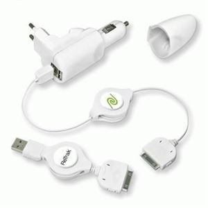 RETRAK - ALIMENTATORE USB da AUTO/CASA 2P RETRAK EUIPODCHG51 + 2 Cavi USB-Apple30pin 100cm retrattile 0816983010215(EUIPODCHG51)